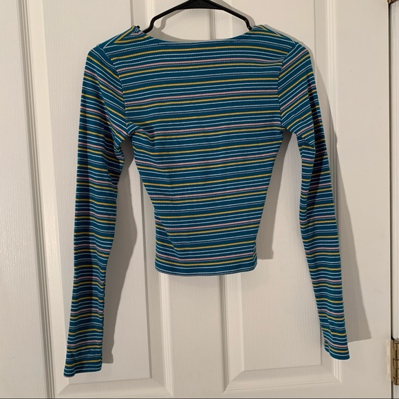 Garage blue yellow white striped long sleeve top size S stretchy zipper front - Picture 4 of 5